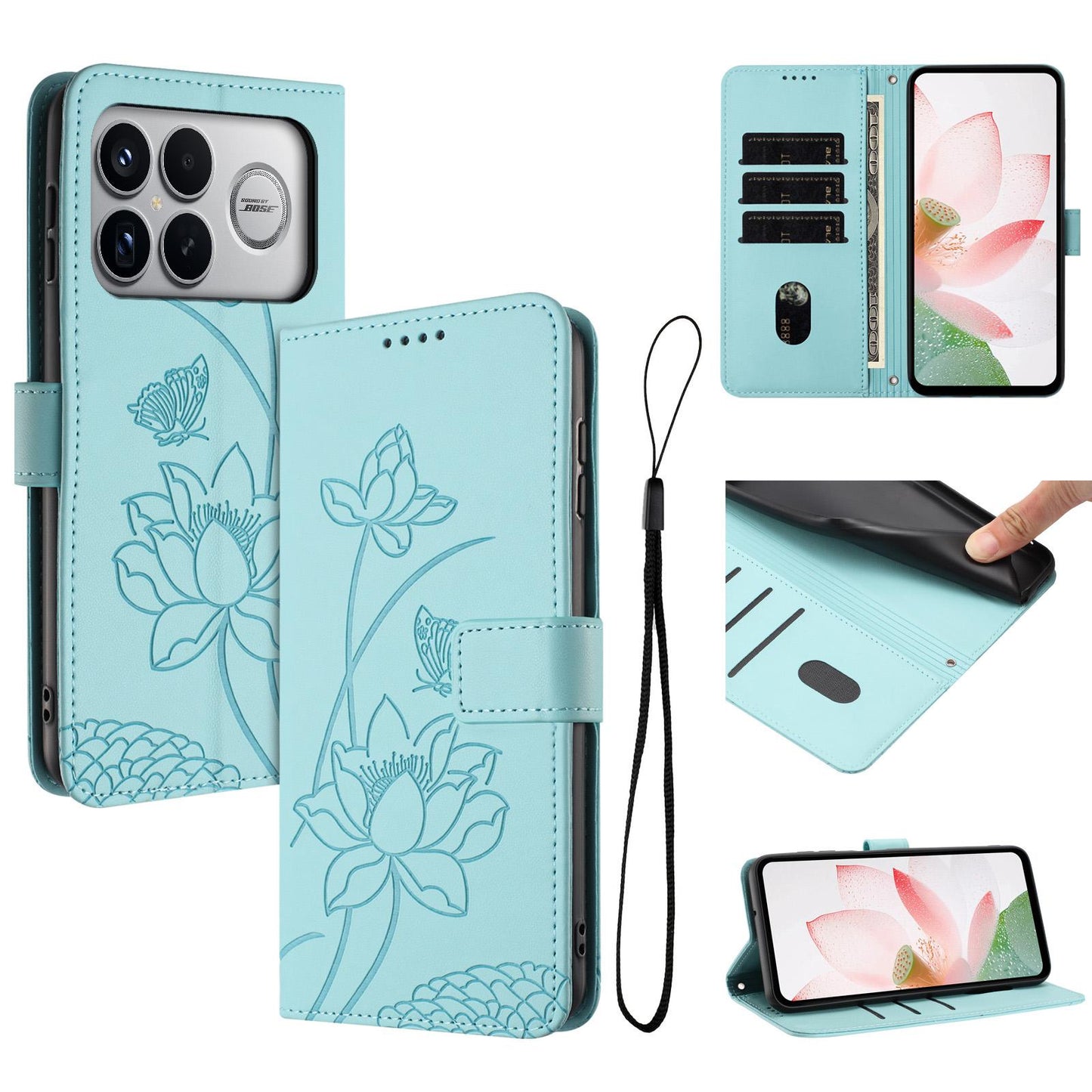 For Redmi K90 Pro Max / Poco F8 Ultra Lotus Embossed Leather Phone Case with Lanyard(Green)