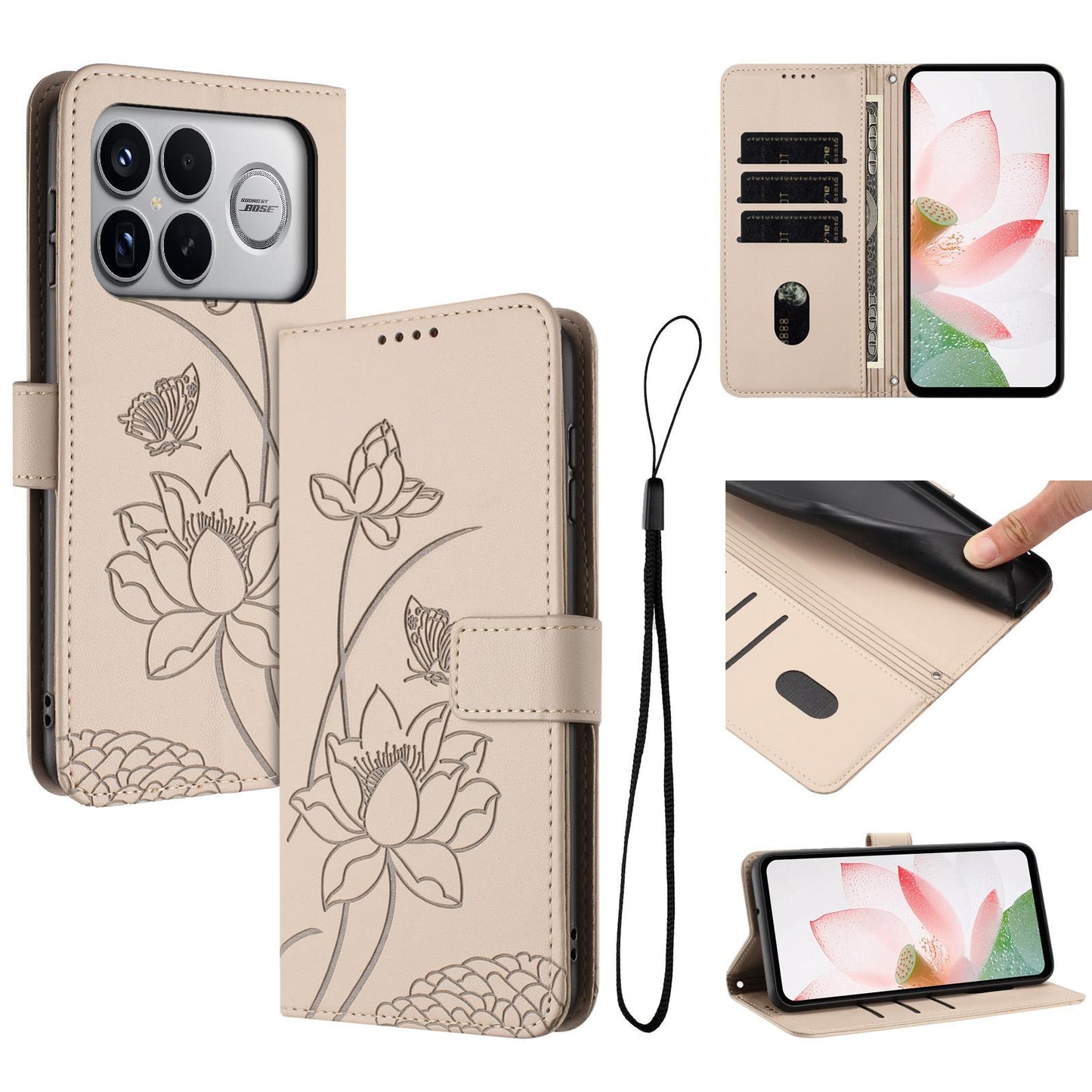 For Redmi K90 Pro Max / Poco F8 Ultra Lotus Embossed Leather Phone Case with Lanyard(Beige)