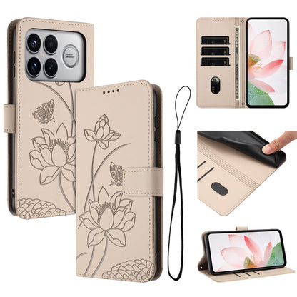 For Redmi K90 Pro Max / Poco F8 Ultra Lotus Embossed Leather Phone Case with Lanyard(Beige)