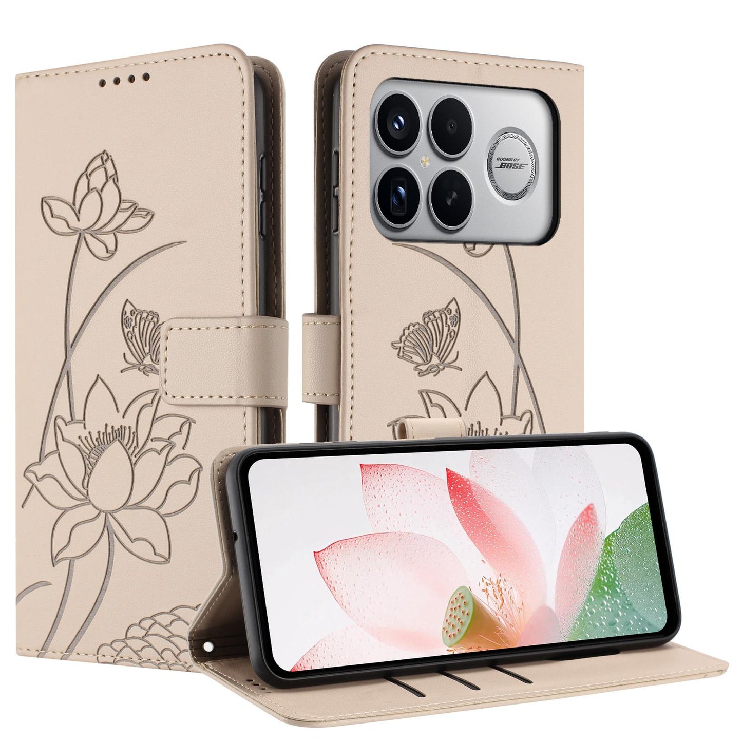 For Redmi K90 Pro Max / Poco F8 Ultra Lotus Embossed Leather Phone Case with Lanyard(Beige)