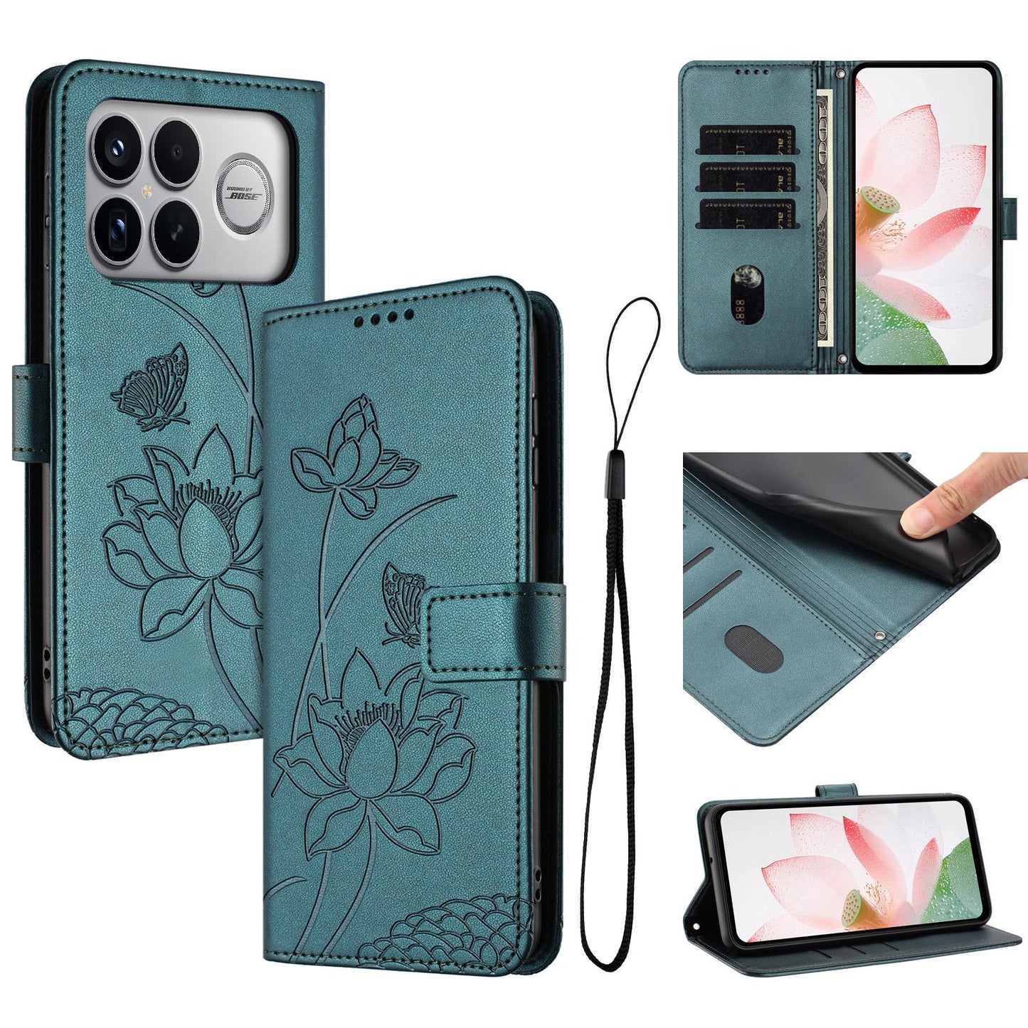 For Redmi K90 Pro Max / Poco F8 Ultra Lotus Embossed Leather Phone Case with Lanyard(Dark Green)
