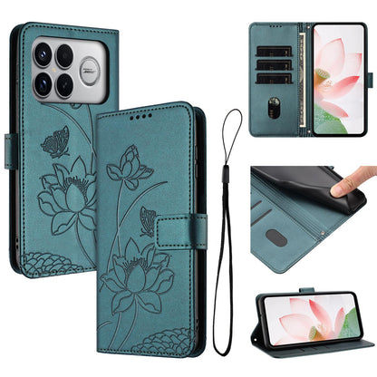 For Redmi K90 Pro Max / Poco F8 Ultra Lotus Embossed Leather Phone Case with Lanyard(Dark Green)