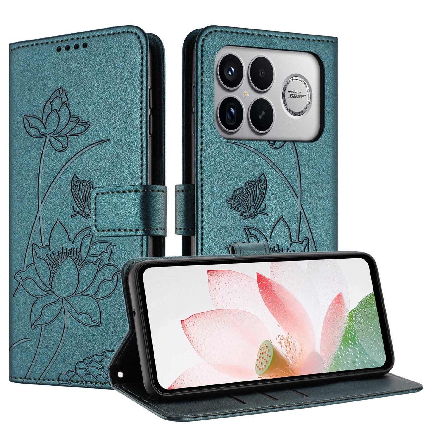 For Redmi K90 Pro Max / Poco F8 Ultra Lotus Embossed Leather Phone Case with Lanyard(Dark Green)