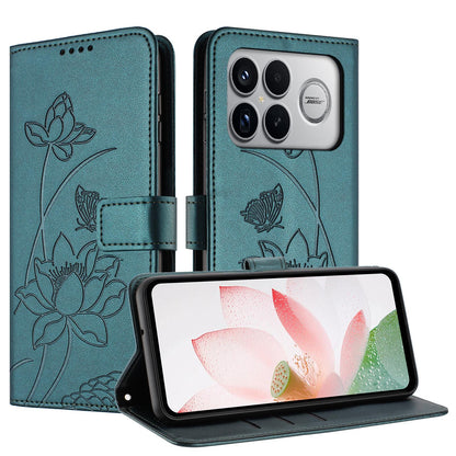 For Redmi K90 Pro Max / Poco F8 Ultra Lotus Embossed Leather Phone Case with Lanyard(Dark Green)