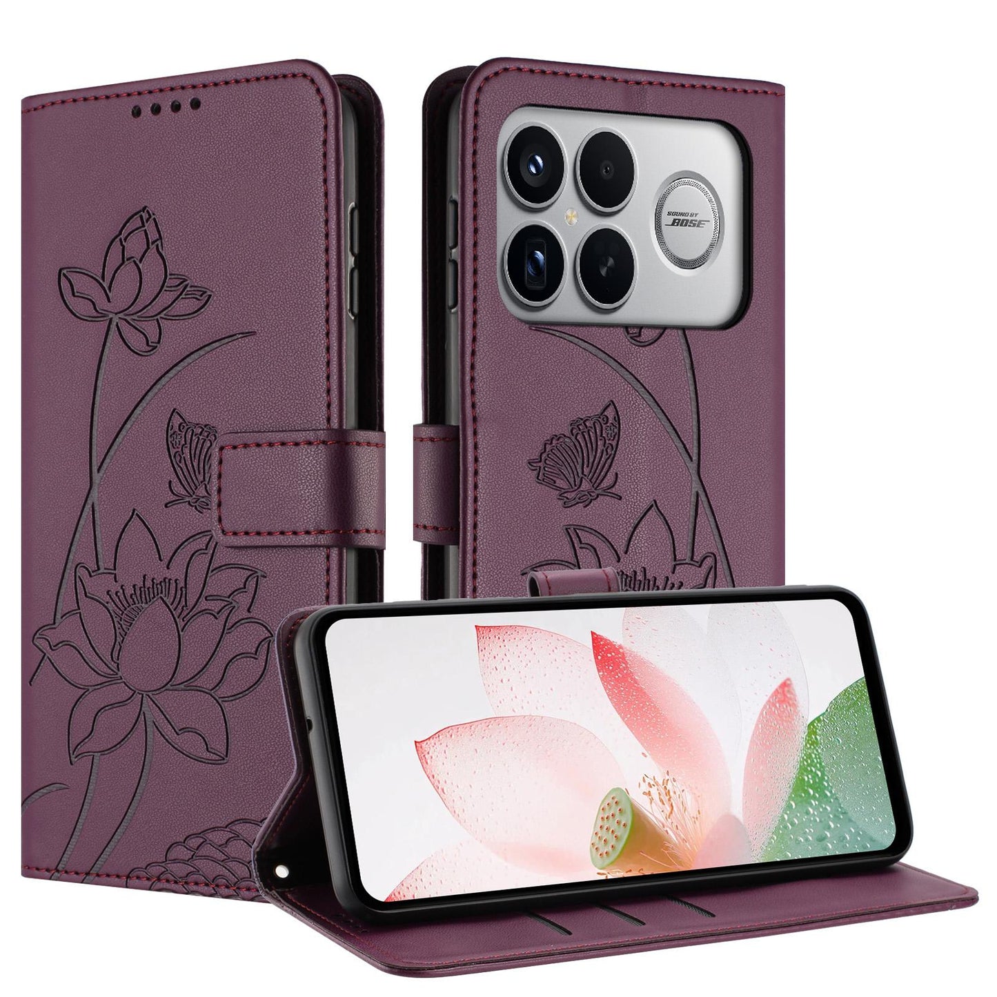 For Redmi K90 Pro Max / Poco F8 Ultra Lotus Embossed Leather Phone Case with Lanyard(Wine Red)