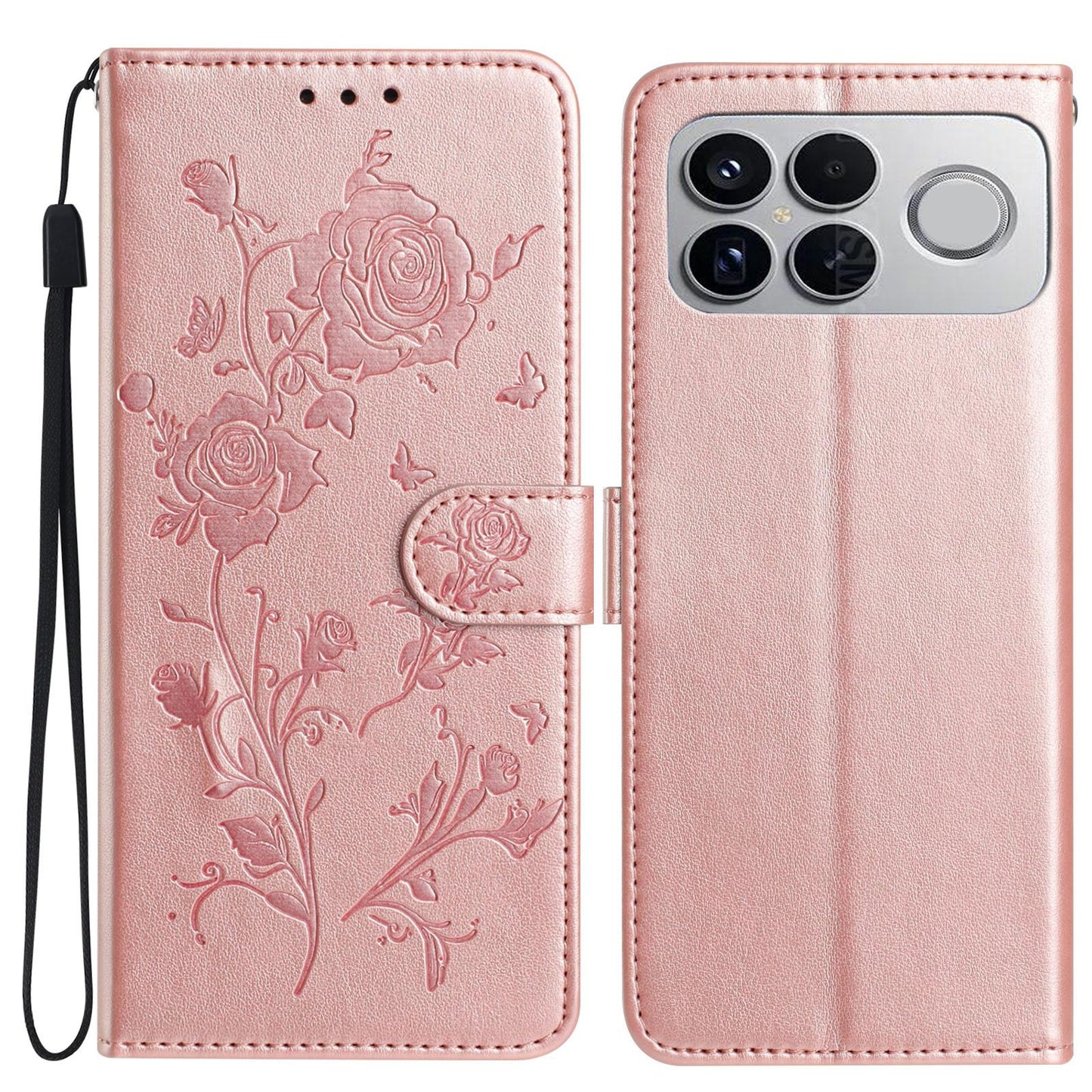 For Redmi K90 Pro Max/Poco F8 Ultra Rose Flower Embossing Pattern Leather Phone Case(Rose Gold)