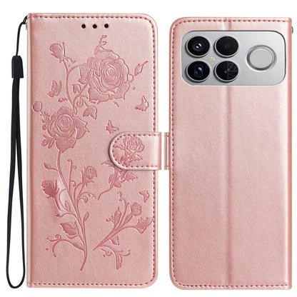 For Redmi K90 Pro Max/Poco F8 Ultra Rose Flower Embossing Pattern Leather Phone Case(Rose Gold)