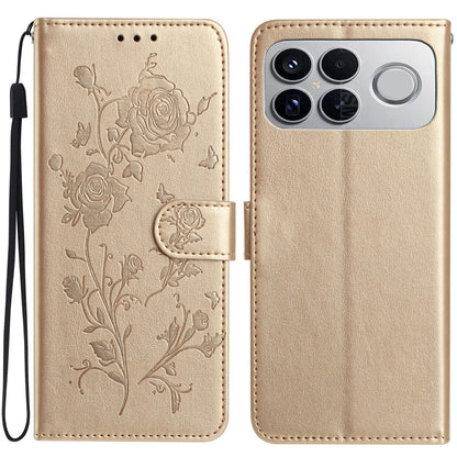 For Redmi K90 Pro Max/Poco F8 Ultra Rose Flower Embossing Pattern Leather Phone Case(Gold)