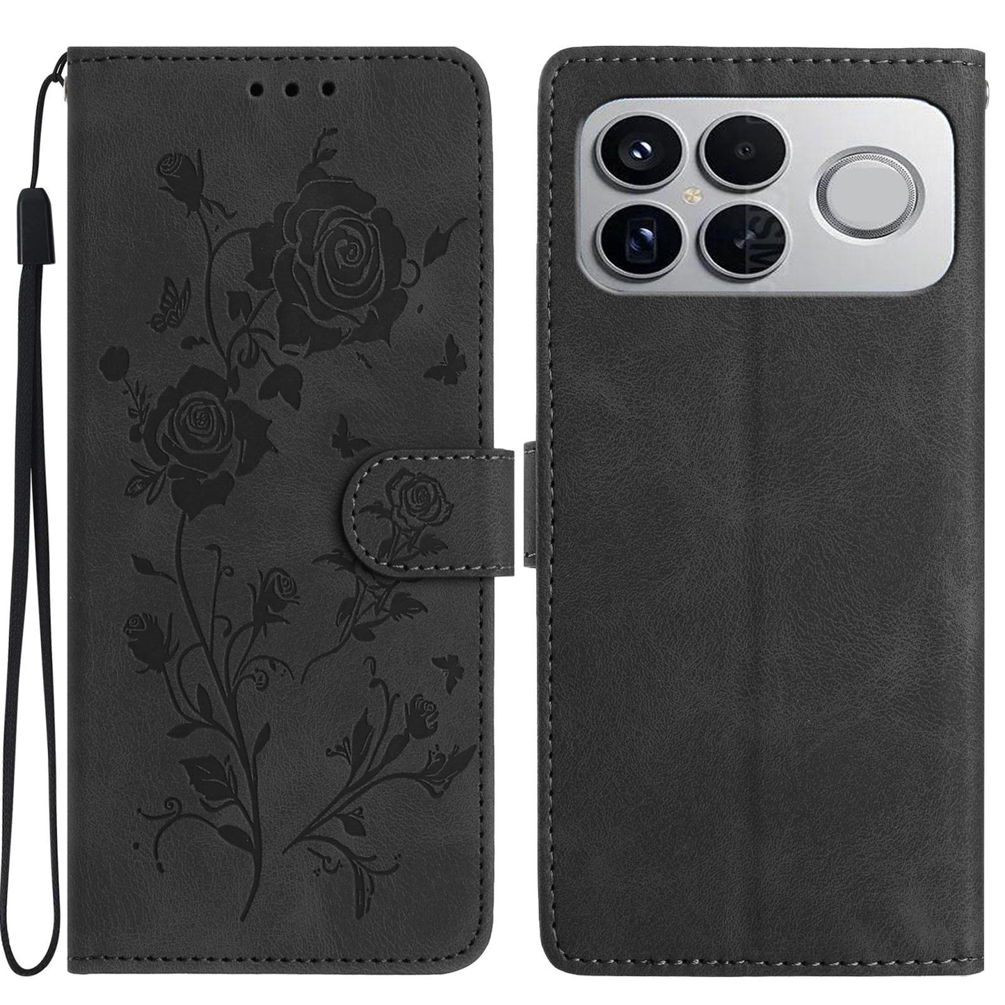 For Redmi K90 Pro Max/Poco F8 Ultra Rose Flower Embossing Pattern Leather Phone Case(Black)