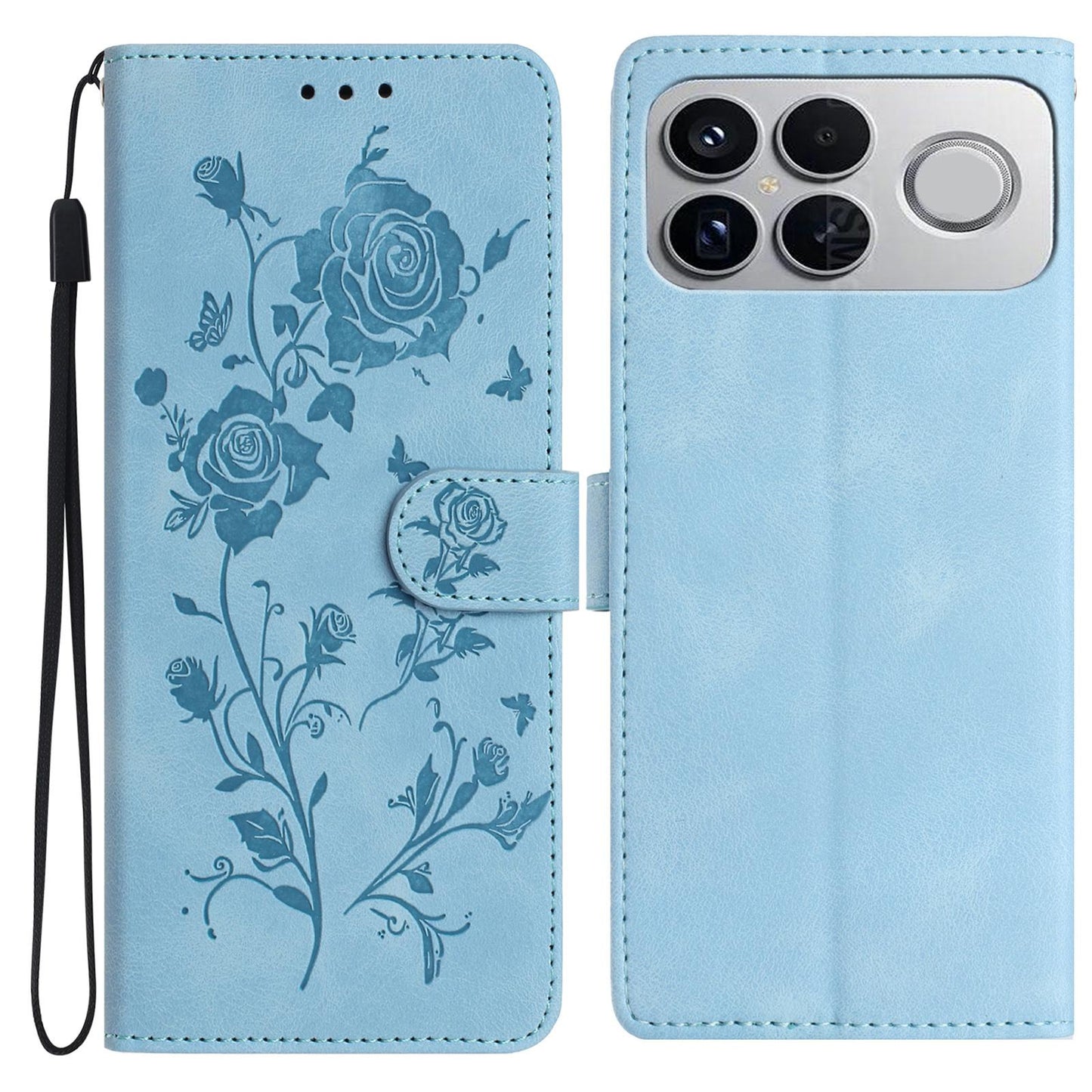 For Redmi K90 Pro Max/Poco F8 Ultra Rose Flower Embossing Pattern Leather Phone Case(Sky Blue)