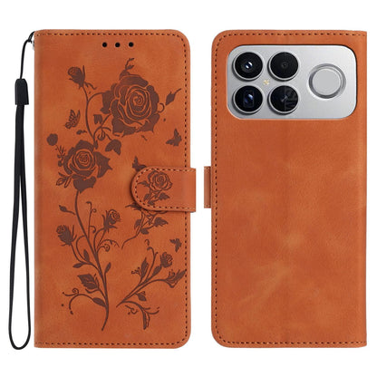 For Redmi K90 Pro Max/Poco F8 Ultra Rose Flower Embossing Pattern Leather Phone Case(Brown)