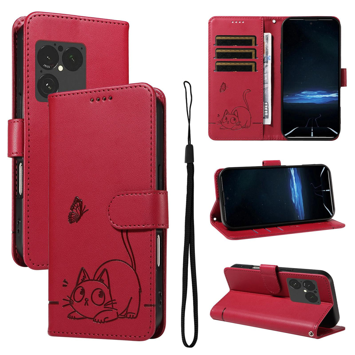 For Sony Xperia 1 VIII Adorable Cat Embossed Pattern Flip Leather Phone Case - Red - EDA008661402D