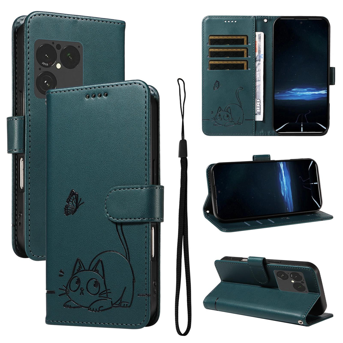 For Sony Xperia 1 VIII Adorable Cat Embossed Pattern Flip Leather Phone Case - Dark Green - EDA008661402E