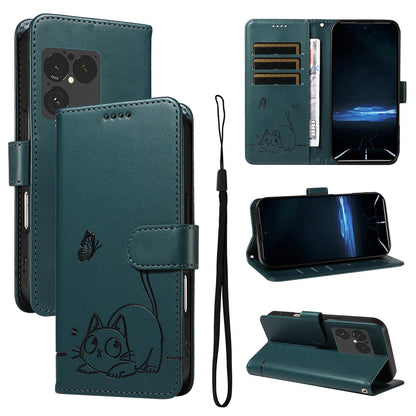 For Sony Xperia 1 VIII Adorable Cat Embossed Pattern Flip Leather Phone Case - Dark Green - EDA008661402E