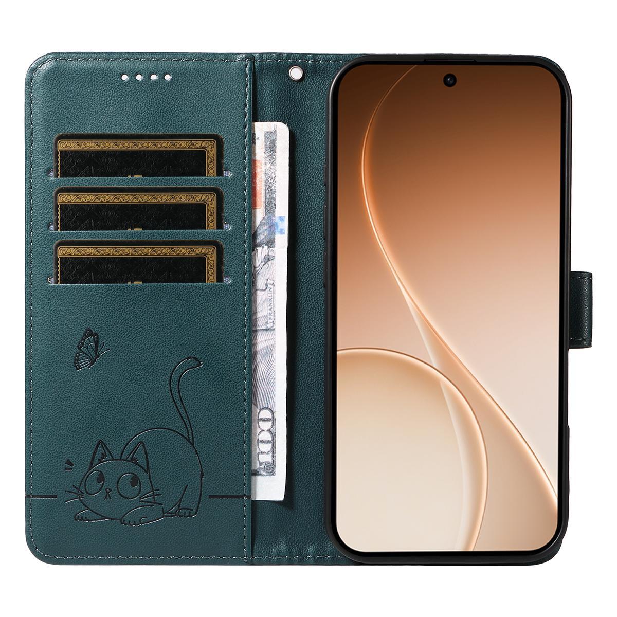 For Sony Xperia 1 VIII Adorable Cat Embossed Pattern Flip Leather Phone Case - Dark Green - EDA008661402E