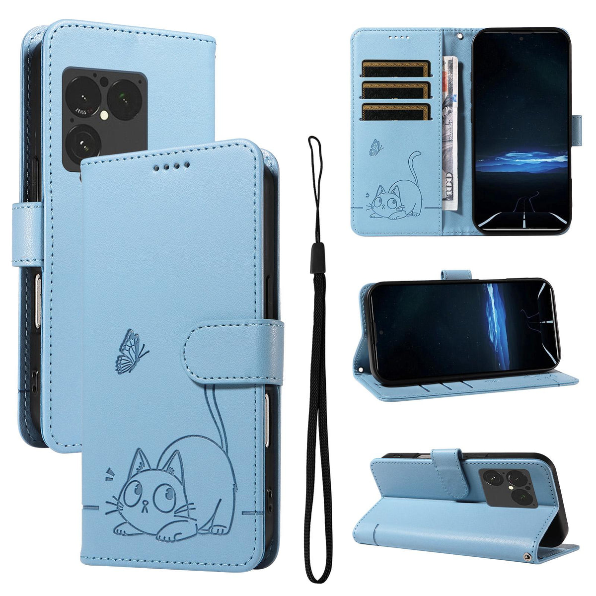 For Sony Xperia 1 VIII Adorable Cat Embossed Pattern Flip Leather Phone Case - Sky Blue - EDA008661402F
