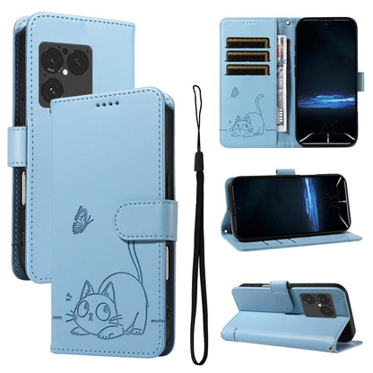 For Sony Xperia 1 VIII Adorable Cat Embossed Pattern Flip Leather Phone Case - Sky Blue - EDA008661402F