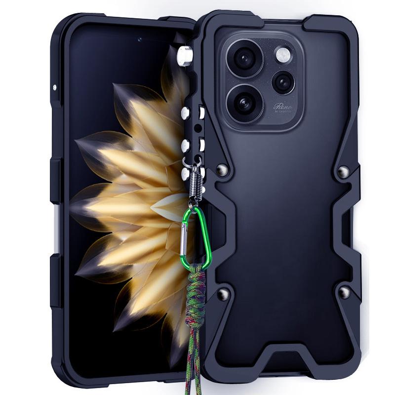 For OPPO Reno15 FS 5G Trigger Design Hollow Metal Frame Phone Case with Lanyard(Black)