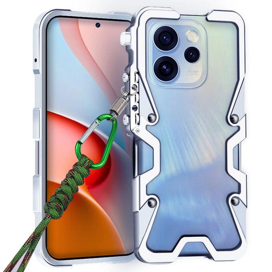 For OPPO Reno15 FS 5G Trigger Design Hollow Metal Frame Phone Case with Lanyard(Silver)