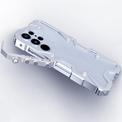 For OPPO Reno15 FS 5G Trigger Design Hollow Metal Frame Phone Case with Lanyard(Silver)