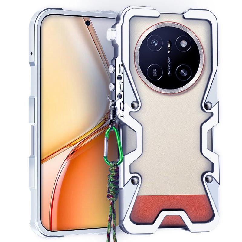 For Honor X80 Pro Max Trigger Design Hollow Metal Frame Phone Case with Lanyard(Silver)