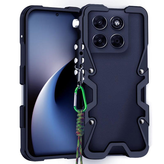 For Motorola Moto G67 Power/G77 Power Trigger Design Hollow Metal Frame Phone Case with Lanyard(Black)