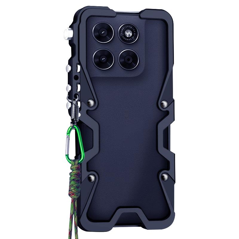For Motorola Moto G67 Power/G77 Power Trigger Design Hollow Metal Frame Phone Case with Lanyard(Black)