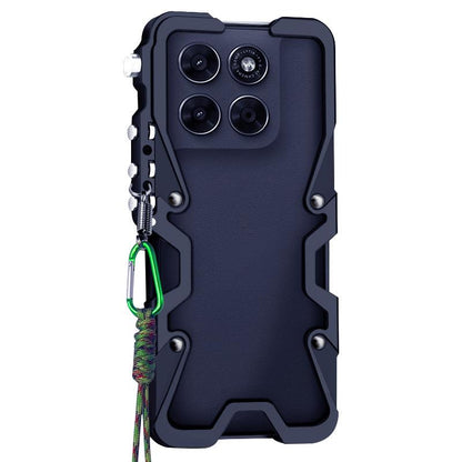 For Motorola Moto G67 Power/G77 Power Trigger Design Hollow Metal Frame Phone Case with Lanyard(Black)