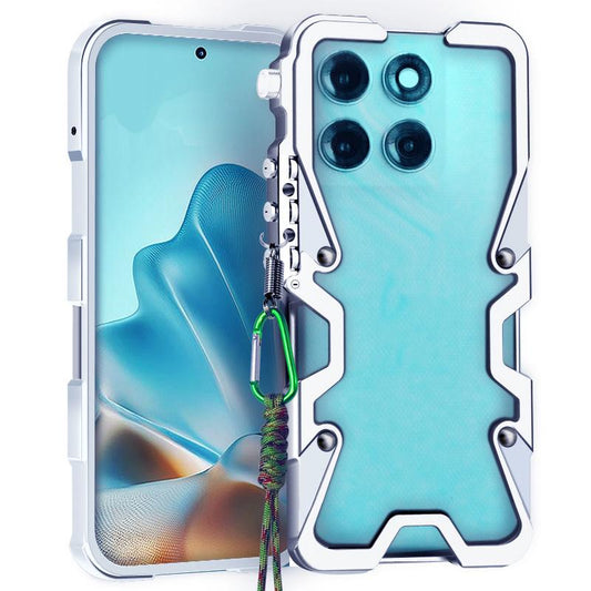 For Motorola Moto G67 Power/G77 Power Trigger Design Hollow Metal Frame Phone Case with Lanyard(Silver)
