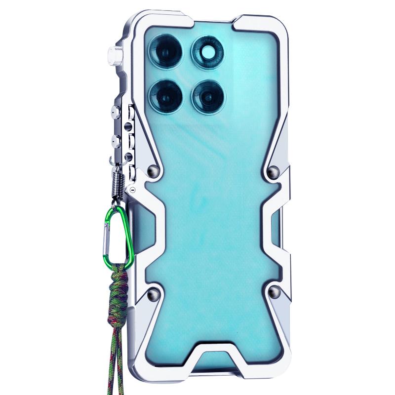 For Motorola Moto G67 Power/G77 Power Trigger Design Hollow Metal Frame Phone Case with Lanyard(Silver)