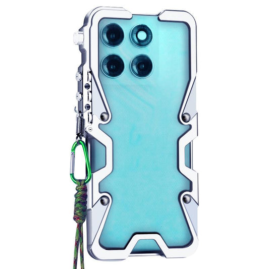 For Motorola Moto G67 Power/G77 Power Trigger Design Hollow Metal Frame Phone Case with Lanyard(Silver)
