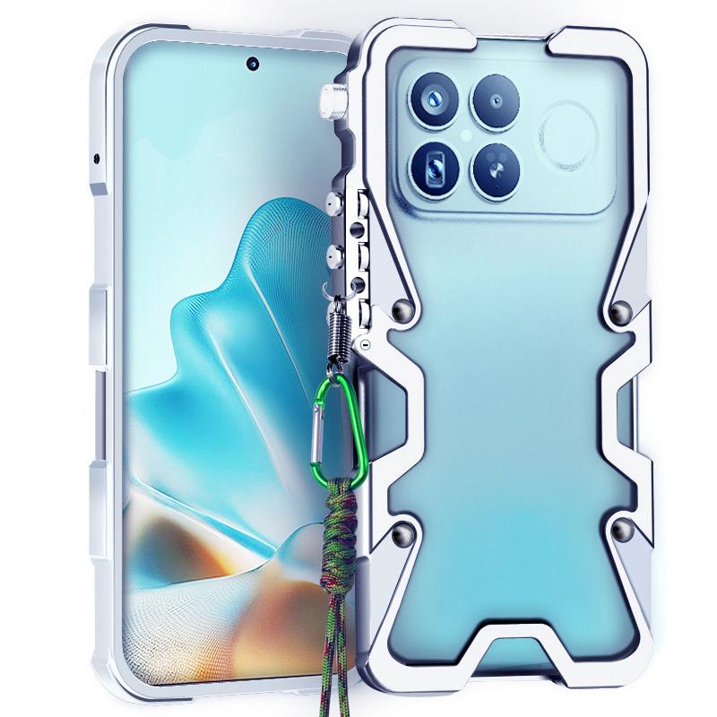 For Redmi K90 Pro Max / Poco F8 Ultra 5G Trigger Design Hollow Metal Frame Phone Case with Lanyard(Silver)