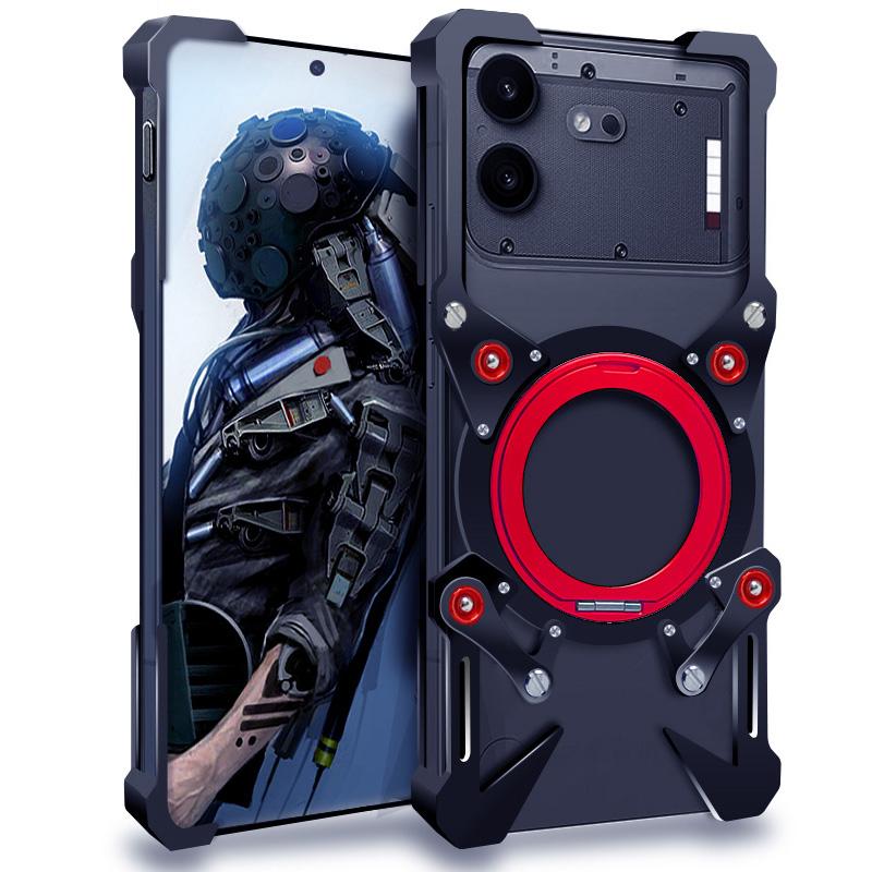 For Nothing Phone 4b Rotating Bracket Hollow Metal Phone Case with Lanyard(Black)
