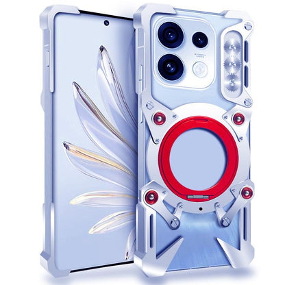 For OPPO Reno16 Pro 5G Global Rotating Bracket Hollow Metal Phone Case with Lanyard(Silver)