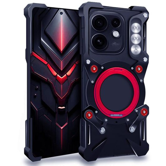 For OPPO Reno16 5G Global Rotating Bracket Hollow Metal Phone Case with Lanyard(Black)