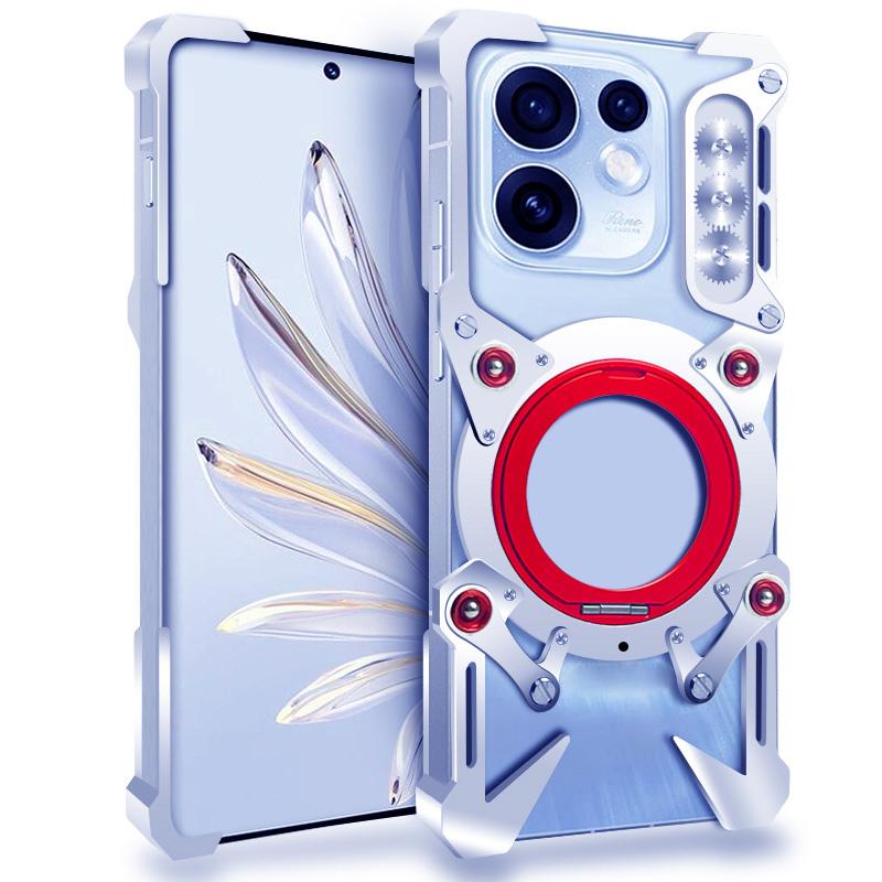 For OPPO Reno16 5G Global Rotating Bracket Hollow Metal Phone Case with Lanyard(Silver)