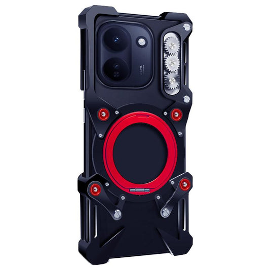 For vivo Y600 Turbo 5G Rotating Bracket Hollow Metal Phone Case with Lanyard(Black)