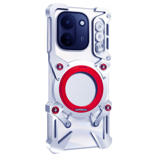 For vivo Y600 Turbo 5G Rotating Bracket Hollow Metal Phone Case with Lanyard(Silver)