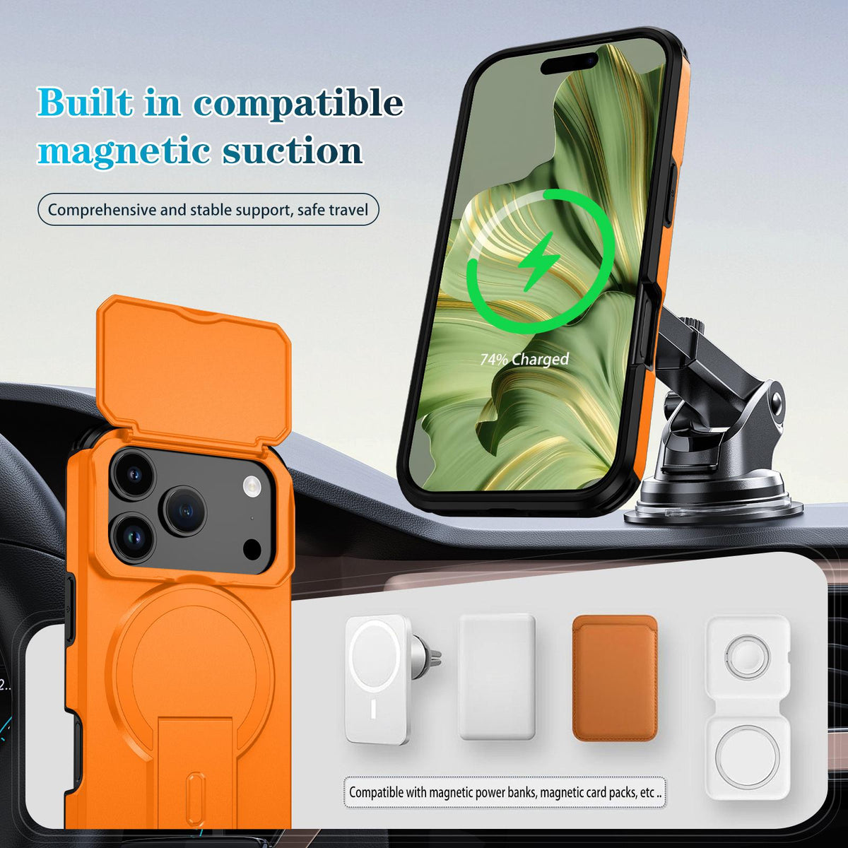 For iPhone 18 Pro Sliding Camshield MagSafe Holder Phone Case - Orange - EDA008742326A