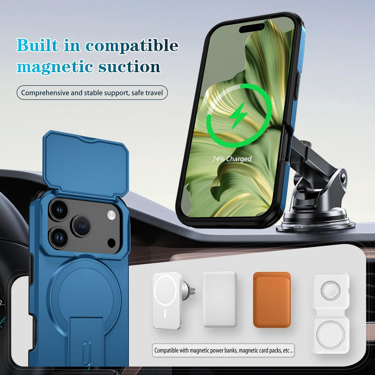 For iPhone 18 Pro Sliding Camshield MagSafe Holder Phone Case - Blue - EDA008742326E