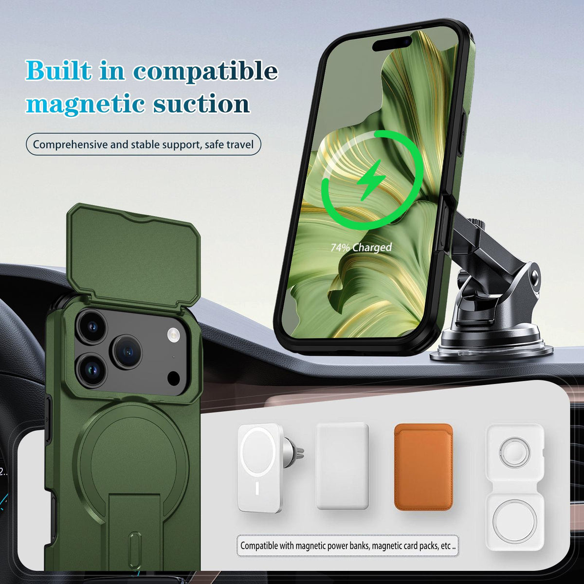 For iPhone 18 Pro Sliding Camshield MagSafe Holder Phone Case - Green - EDA008742326F