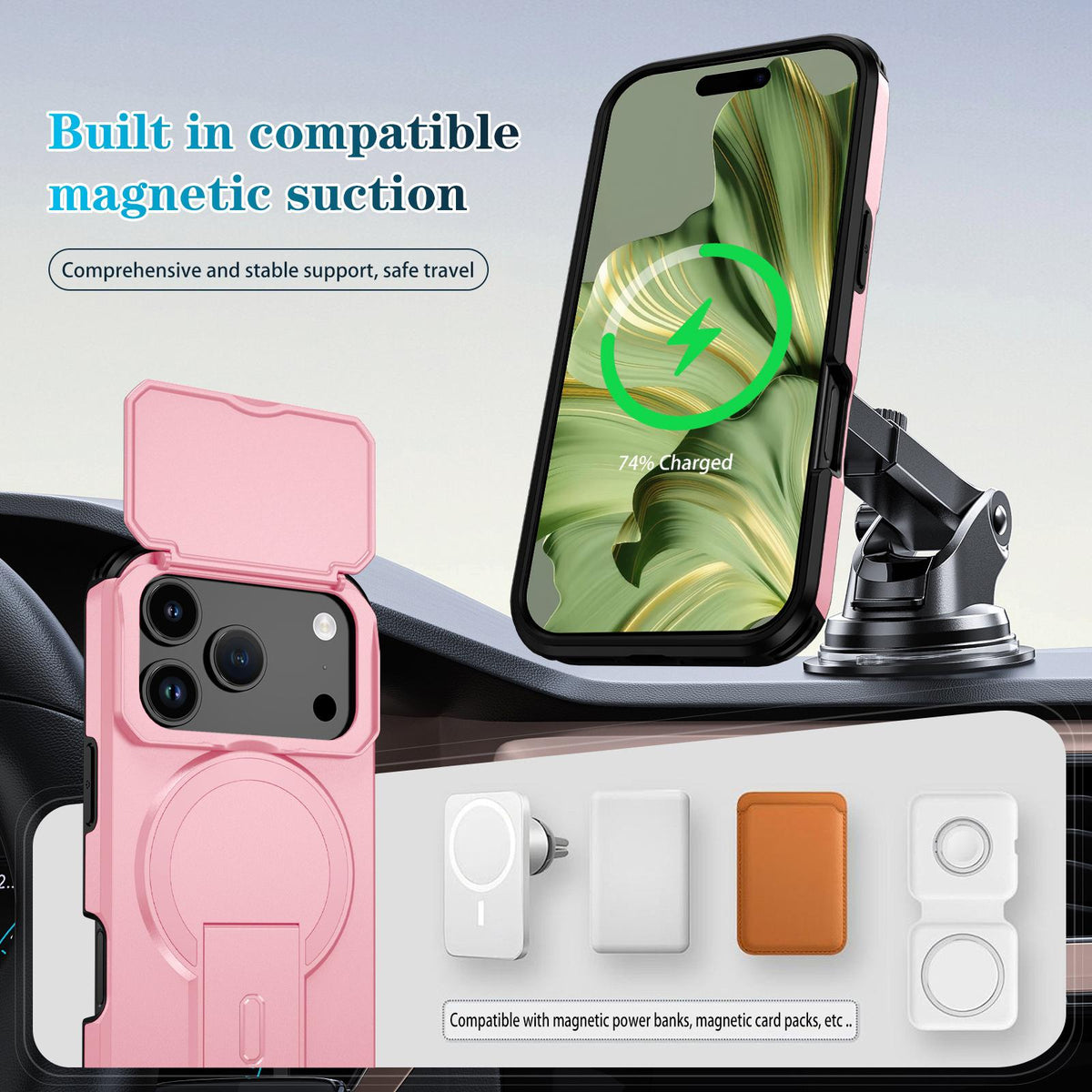 For iPhone 18 Pro Max Sliding Camshield MagSafe Holder Phone Case - Pink - EDA008742327B