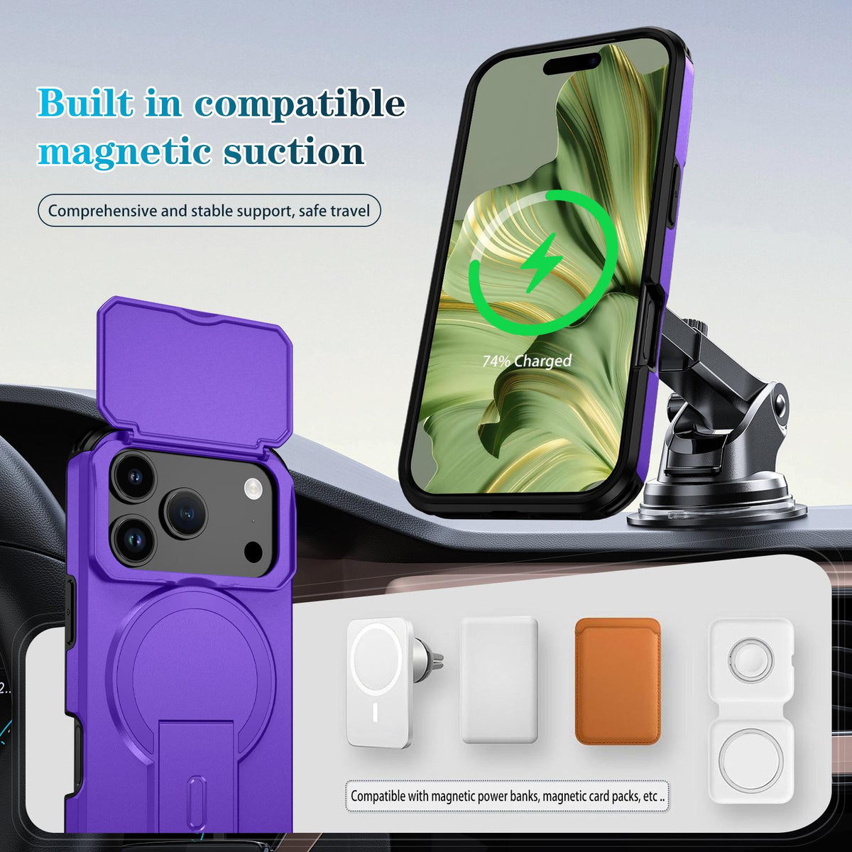 For iPhone 18 Pro Max Sliding Camshield MagSafe Holder Phone Case - Purple - EDA008742327G