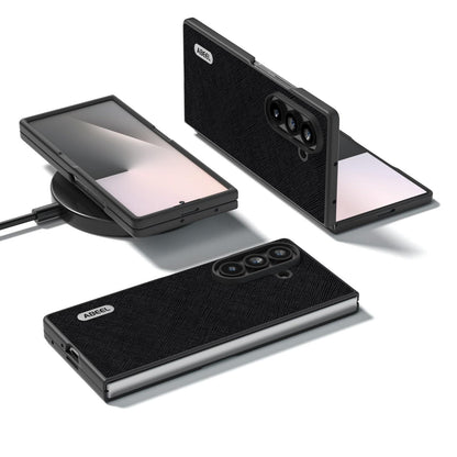 For Galaxy Z Fold8 Ultra 5G ABEEL Cross Texture Genuine Leather Phone Case - Black - EDA008752402A
