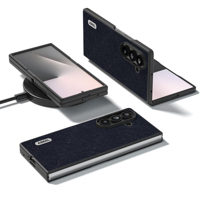 For Galaxy Z Fold8 Ultra 5G ABEEL Cross Texture Genuine Leather Phone Case - Blue - EDA008752402D