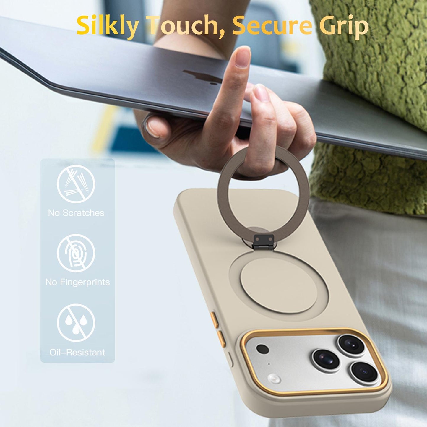 For iPhone 18 Pro Gen1.5 Pivot Ring Holder TPU Hybrid PC Phone Case(Apricot)