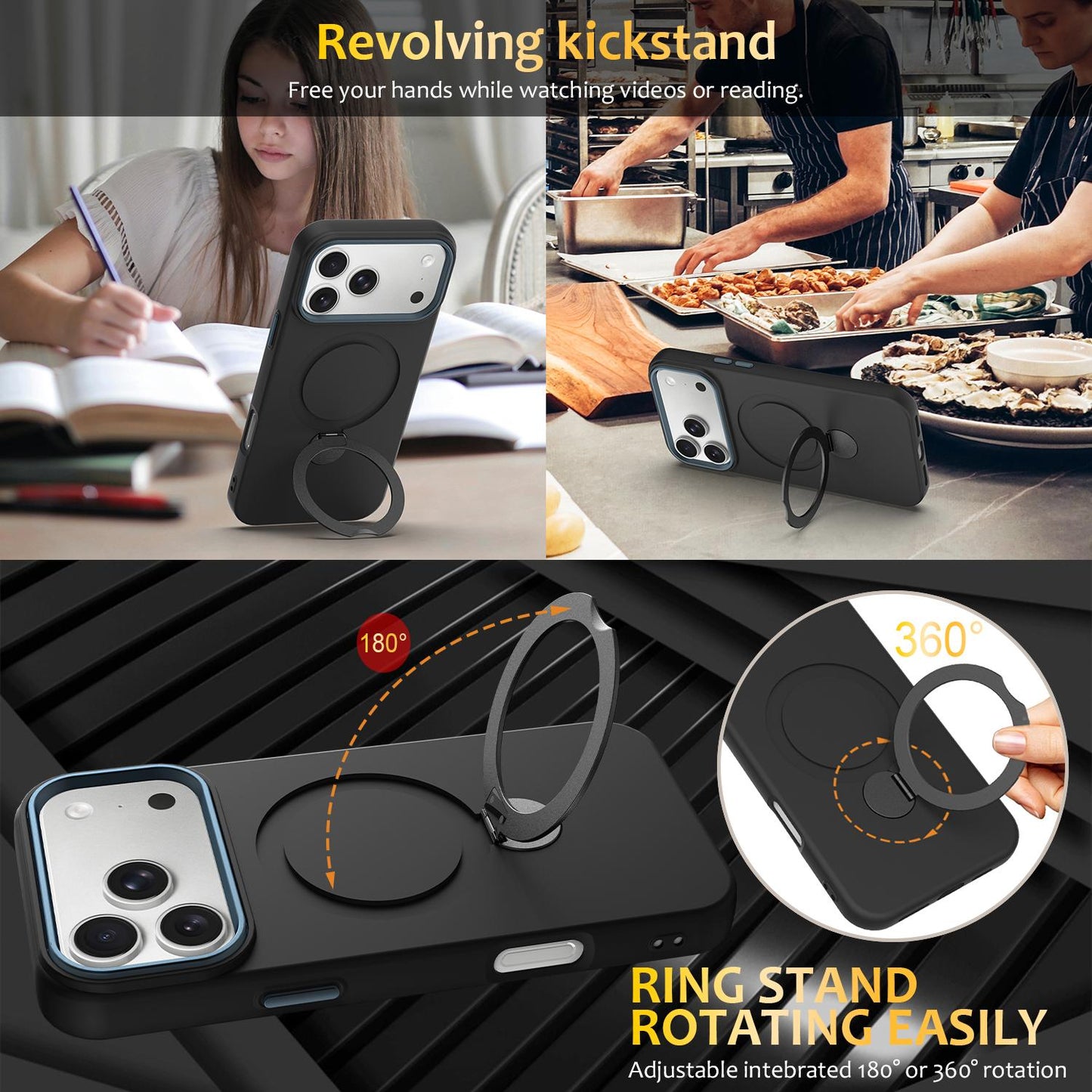For iPhone 18 Pro Max Gen1.5 Pivot Ring Holder TPU Hybrid PC Phone Case(Black)