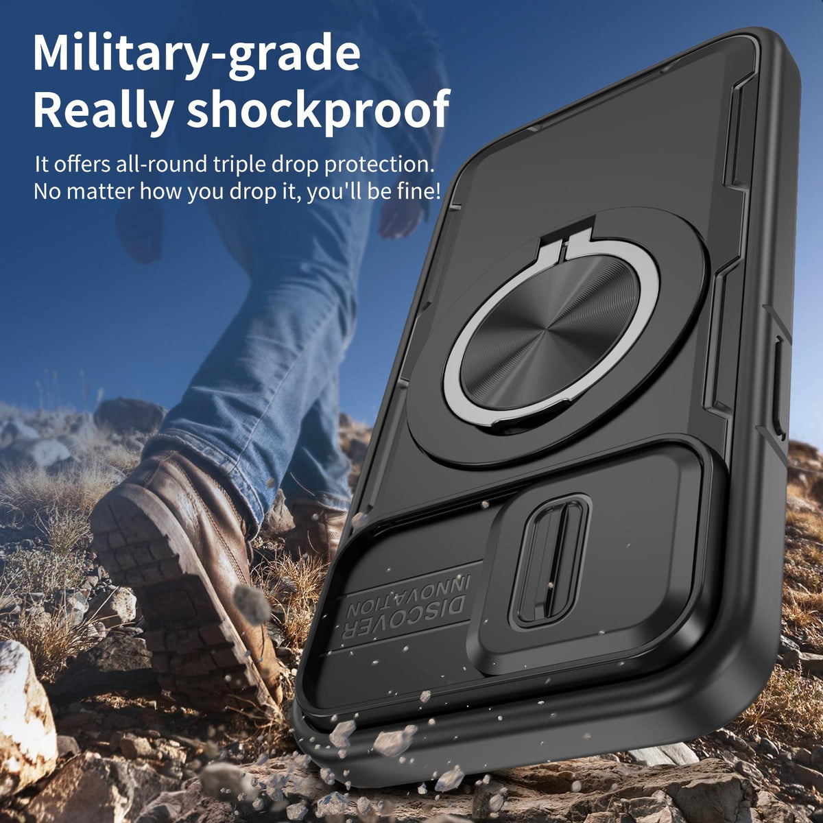 For iPhone 17e / 16e Camshield Rotation Holder MagSafe Phone Case - Black - EDA008813119B