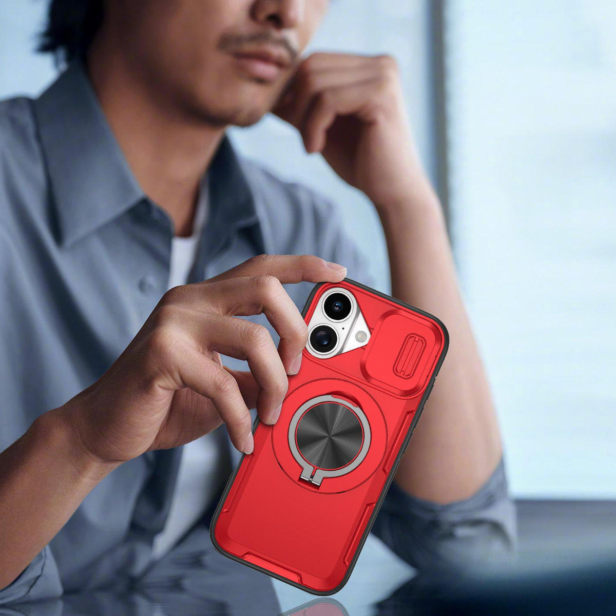 For iPhone 17e / 16e Camshield Rotation Holder MagSafe Phone Case - Red - EDA008813119C