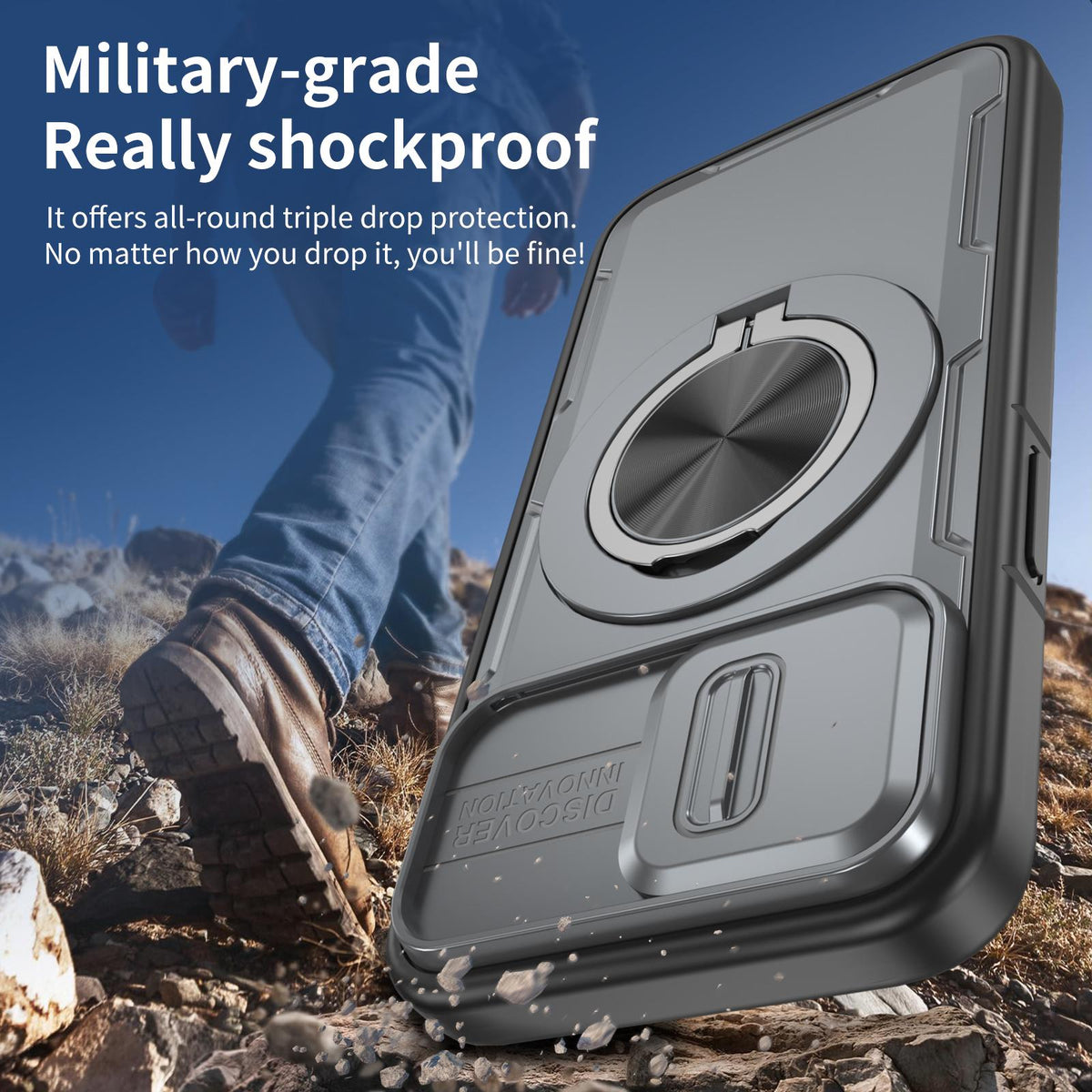 For iPhone 17e / 16e Camshield Rotation Holder MagSafe Phone Case - Grey - EDA008813119D